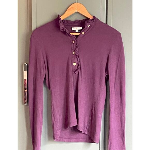 TORY BURCH sz M deep burgundy purple ruffle henley VGUC - Picture 1 of 4
